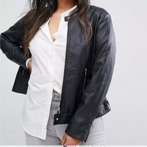 Junarose Black Collarless Leather Look Biker Jacket 1X